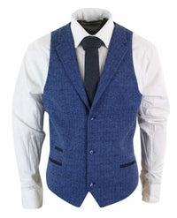 Chaleco azul de hombre de lana tweed con estampado de espiga estilo Peaky Blinders, estilo vintage retro.