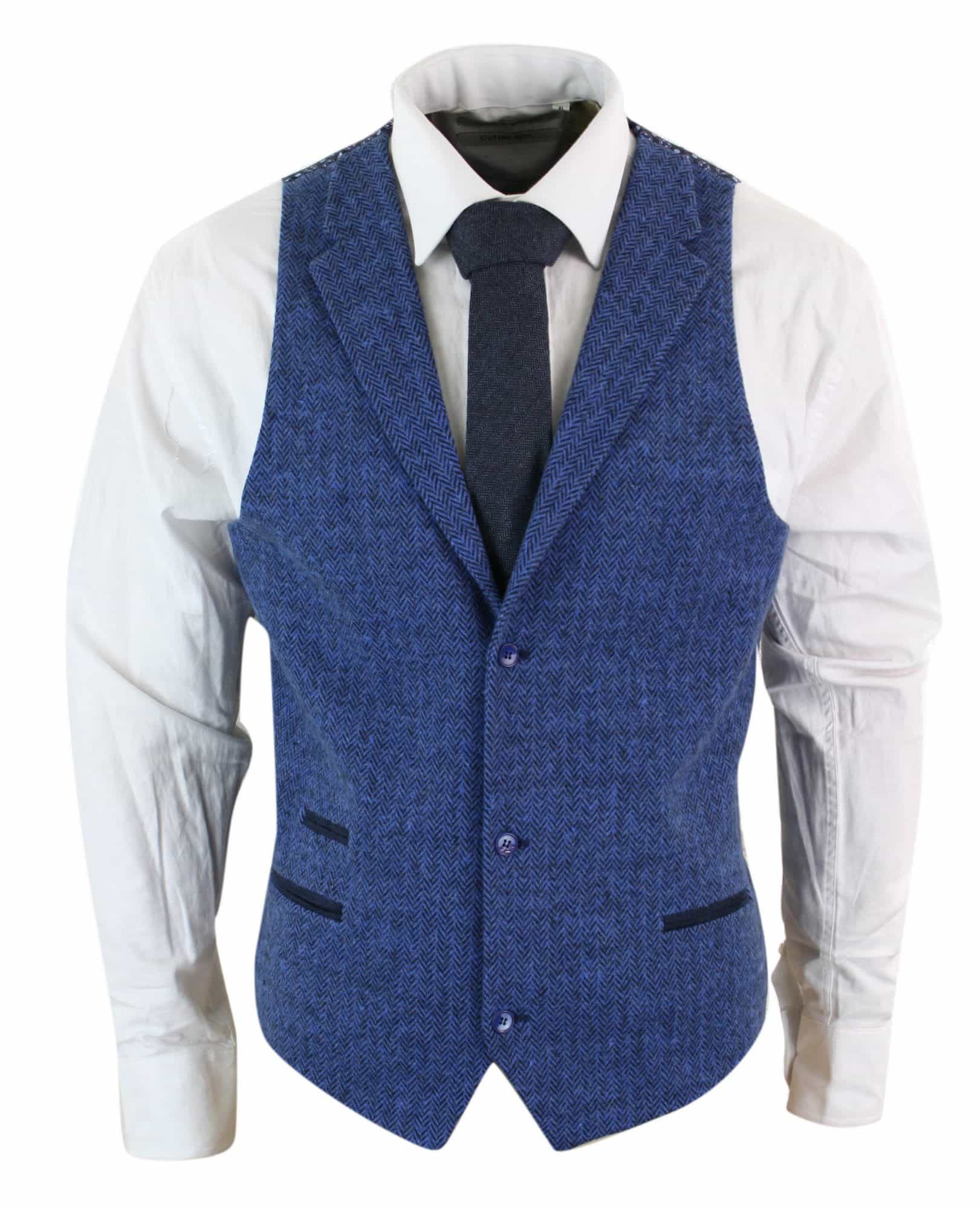 Chaleco azul de hombre de lana tweed con estampado de espiga estilo Peaky Blinders, estilo vintage retro.