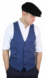 Chaleco azul de hombre de lana tweed con estampado de espiga estilo Peaky Blinders, estilo vintage retro.