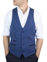 Chaleco azul de hombre de lana tweed con estampado de espiga estilo Peaky Blinders, estilo vintage retro.