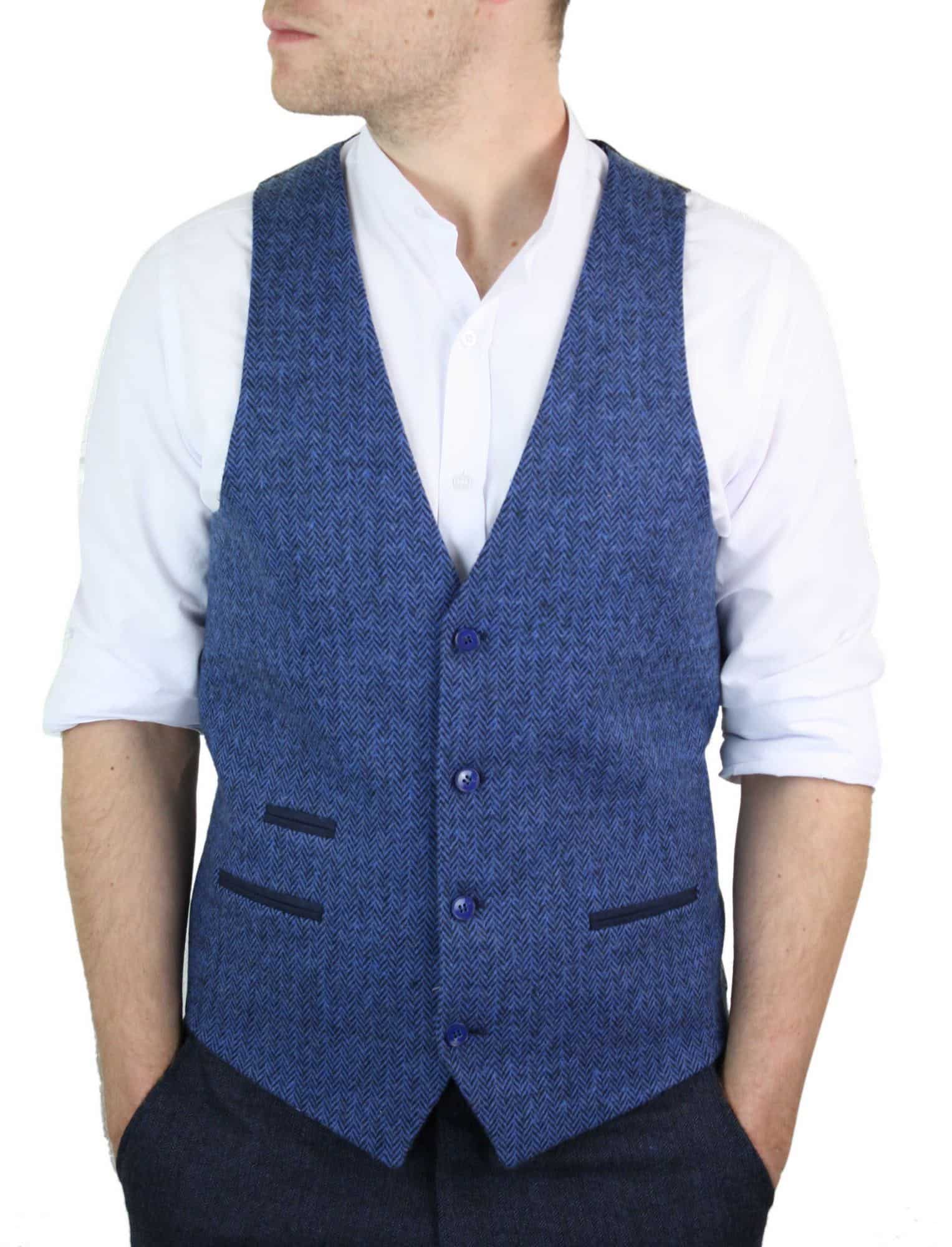 Chaleco azul de hombre de lana tweed con estampado de espiga estilo Peaky Blinders, estilo vintage retro.