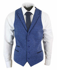 Chaleco azul de hombre de lana tweed con estampado de espiga estilo Peaky Blinders, estilo vintage retro.