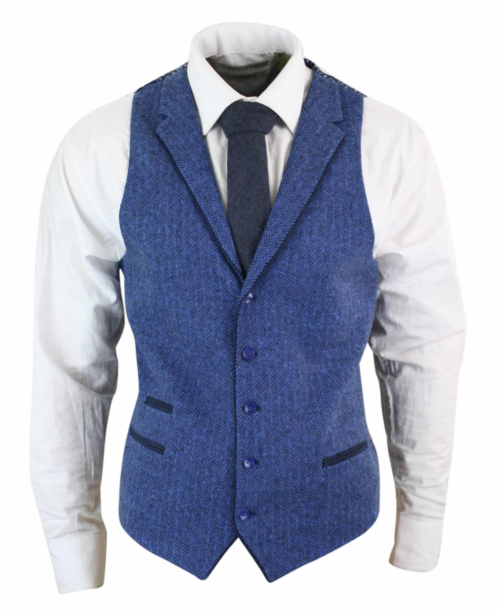 Chaleco azul de hombre de lana tweed con estampado de espiga estilo Peaky Blinders, estilo vintage retro.