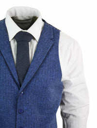 Chaleco azul de hombre de lana tweed con estampado de espiga estilo Peaky Blinders, estilo vintage retro.