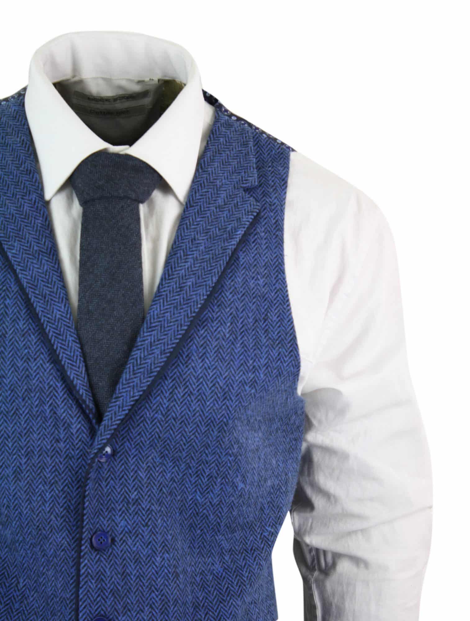 Chaleco azul de hombre de lana tweed con estampado de espiga estilo Peaky Blinders, estilo vintage retro.