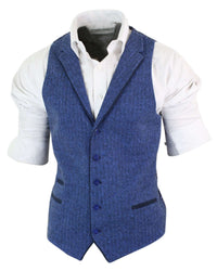Chaleco azul de hombre de lana tweed con estampado de espiga estilo Peaky Blinders, estilo vintage retro.