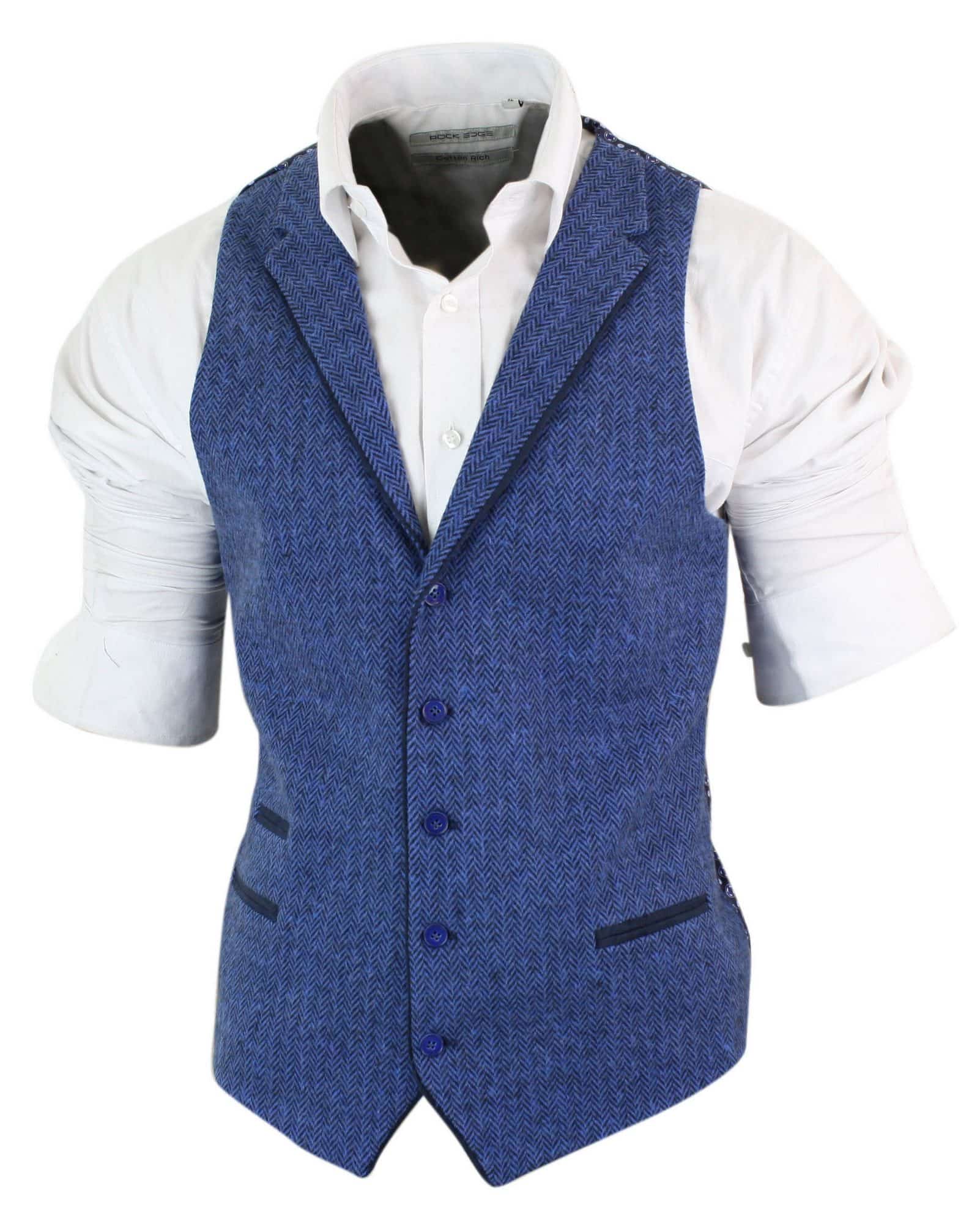 Chaleco azul de hombre de lana tweed con estampado de espiga estilo Peaky Blinders, estilo vintage retro.