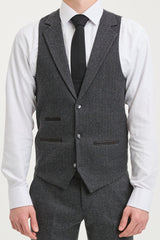Traje de hombre de 3 piezas de tweed con estampado de espiga en color gris carbón - STZ11