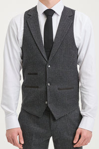 Traje de hombre de 3 piezas de tweed con estampado de espiga en color gris carbón - STZ11