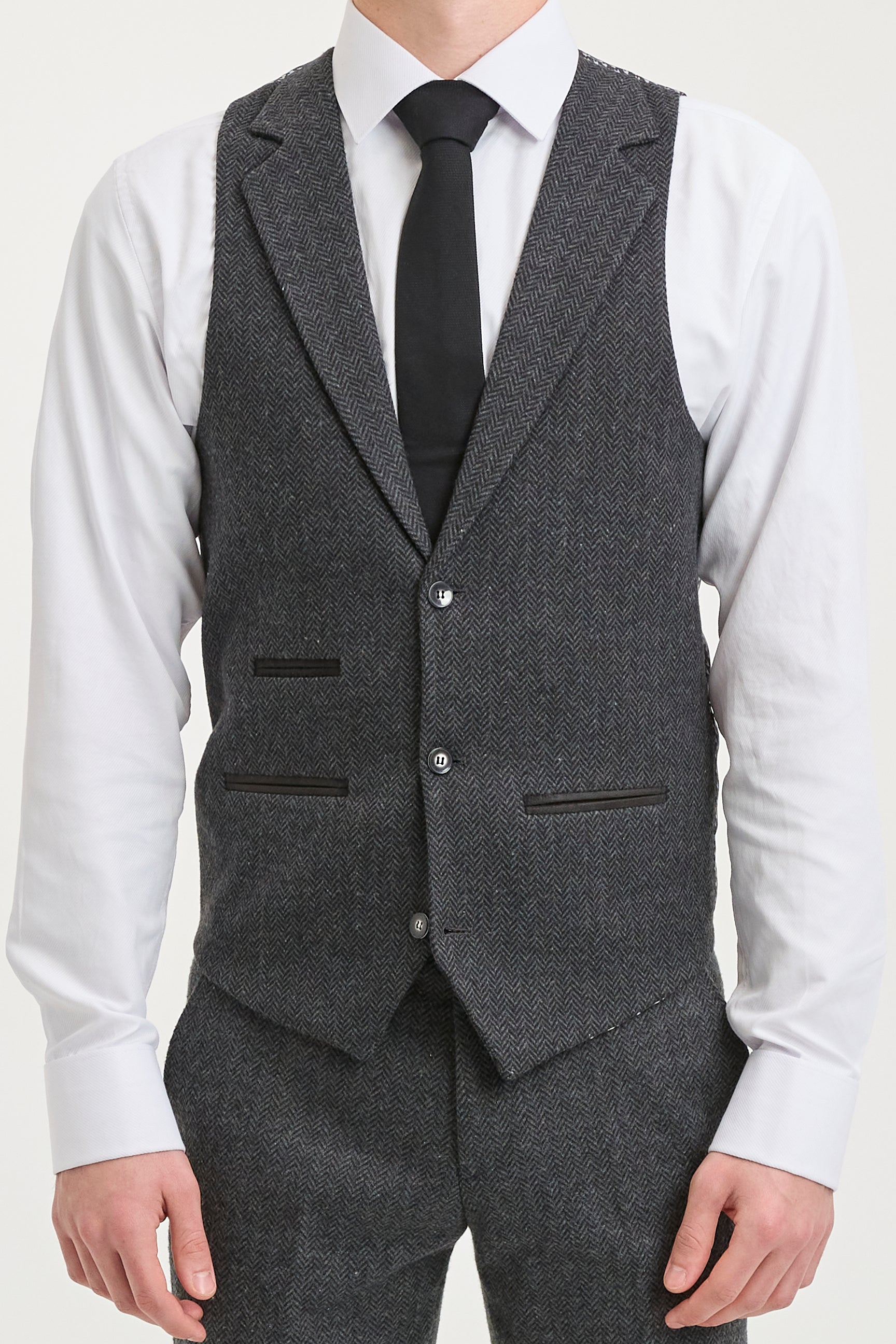 Traje de hombre de 3 piezas de tweed con estampado de espiga en color gris carbón - STZ11