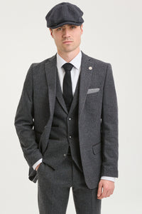 Traje de hombre de 3 piezas de tweed con estampado de espiga en color gris carbón - STZ11