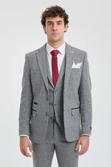 Traje de hombre de 3 piezas de tweed gris claro con estampado de espiga - STZ11