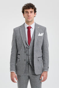 Traje de hombre de 3 piezas de tweed gris claro con estampado de espiga - STZ11