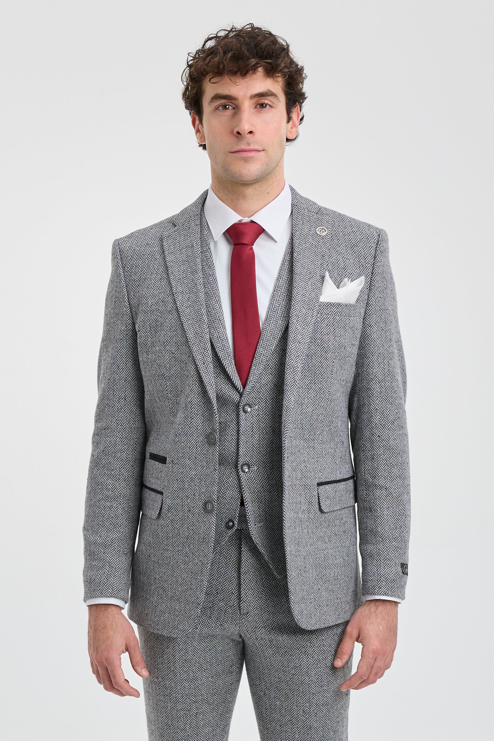 Traje de hombre de 3 piezas de tweed gris claro con estampado de espiga - STZ11