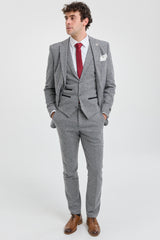 Traje de hombre de 3 piezas de tweed gris claro con estampado de espiga - STZ11