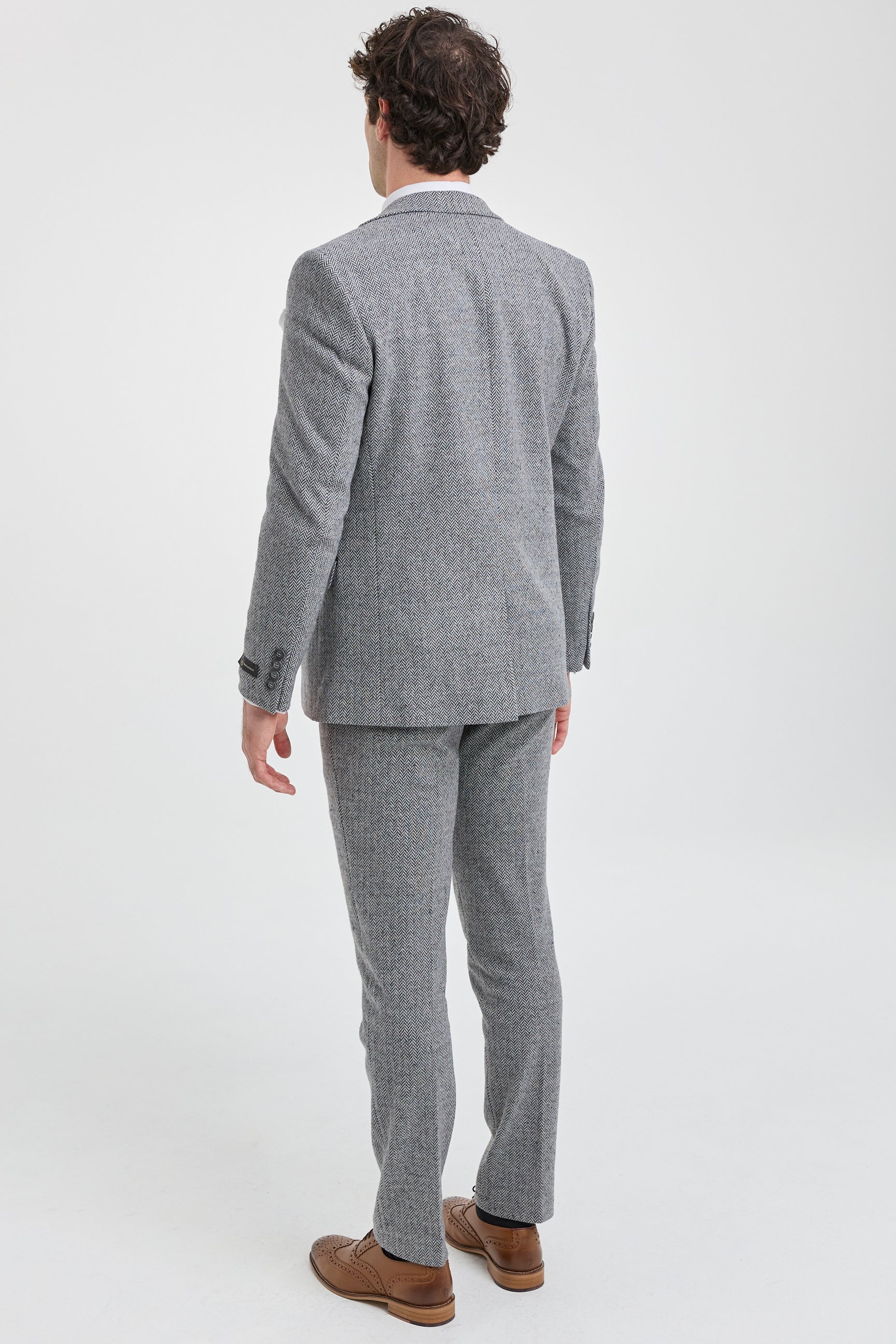 Traje de hombre de 3 piezas de tweed gris claro con estampado de espiga - STZ11