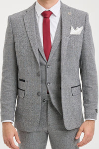 Traje de hombre de 3 piezas de tweed gris claro con estampado de espiga - STZ11