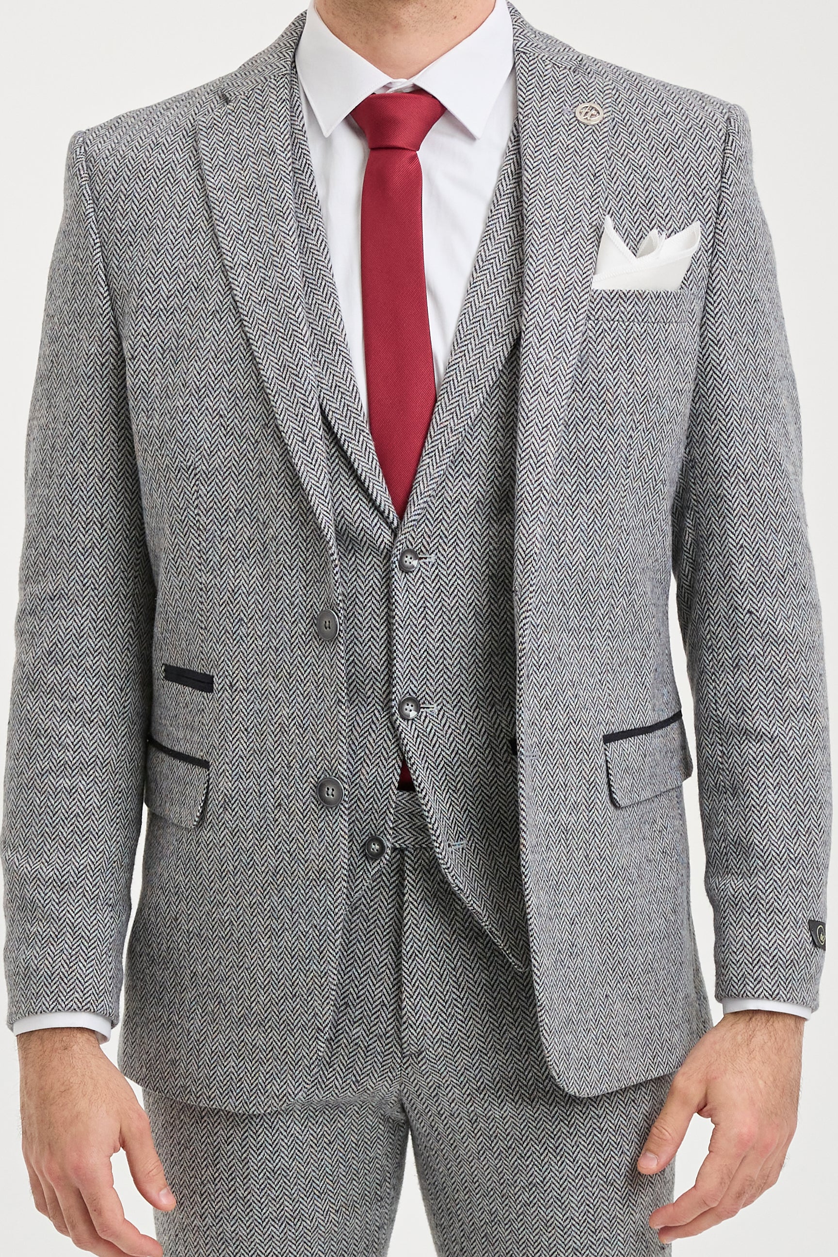 Traje de hombre de 3 piezas de tweed gris claro con estampado de espiga - STZ11