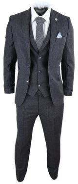 Traje de hombre de 3 piezas de tweed negro estilo vintage - STZ14