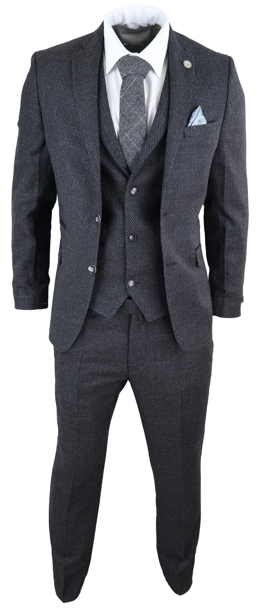 Traje de hombre de 3 piezas de tweed negro estilo vintage - STZ14