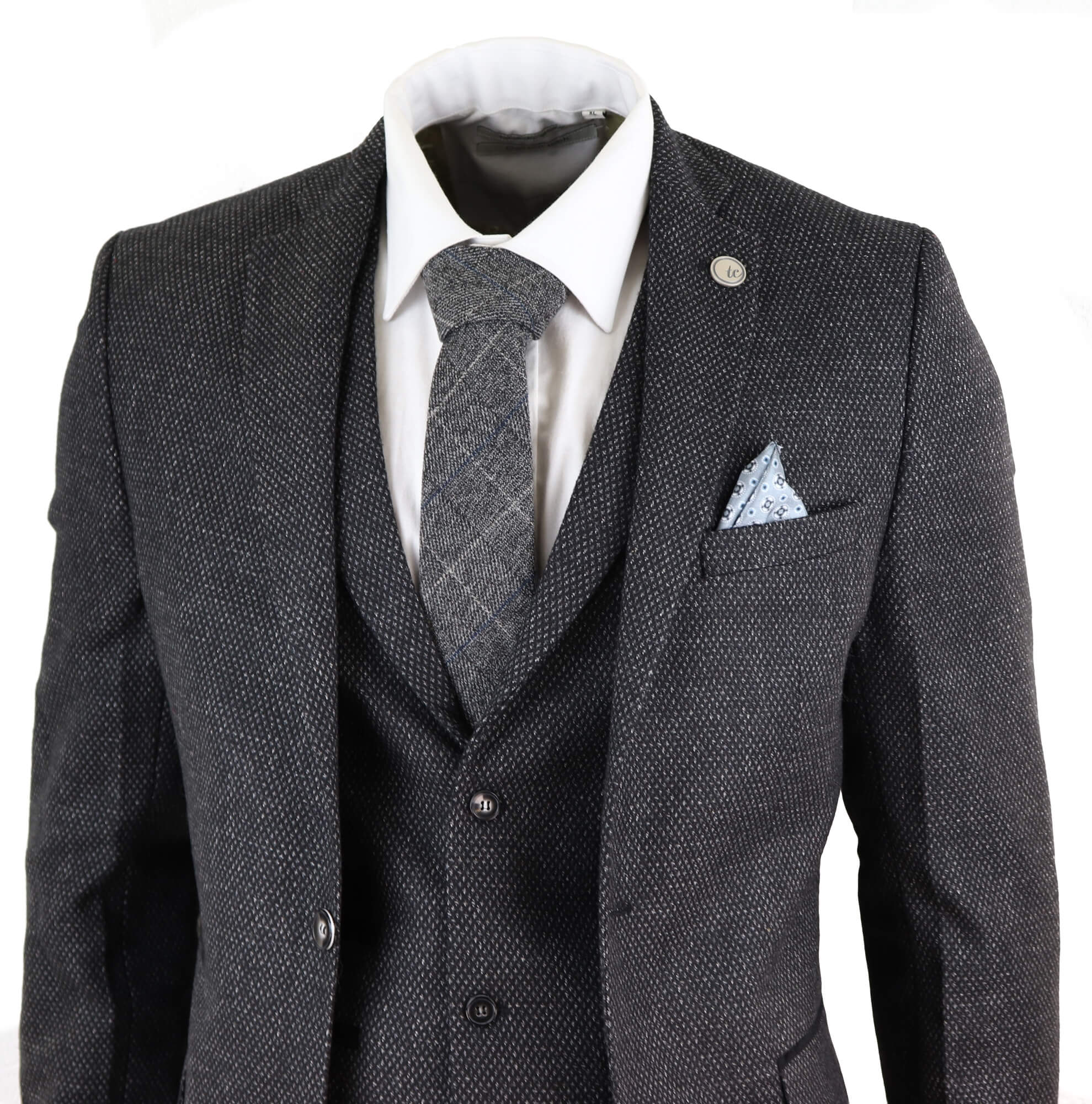 Traje de hombre de 3 piezas de tweed negro estilo vintage - STZ14