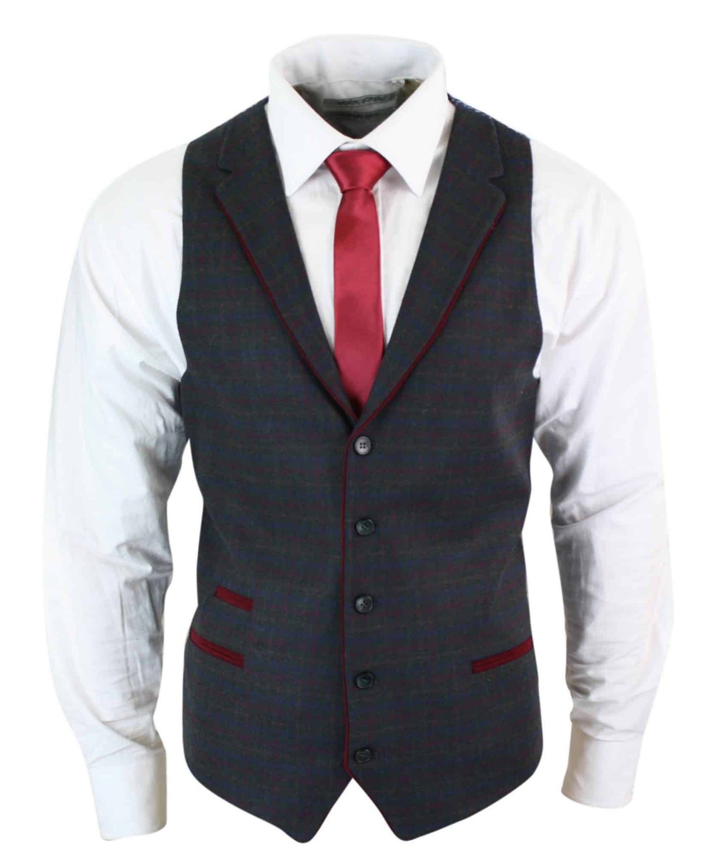 Chaleco de hombre de lana verde oliva con estampado de cuadros rojos, azules y marrones, de tweed, corte clásico vintage y ajuste entallado.