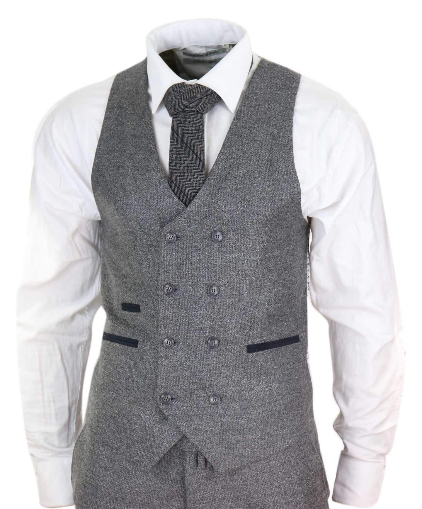 Traje gris de tres piezas para hombre con chaleco cruzado.