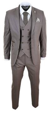 Traje de hombre de tres piezas a rayas color beige