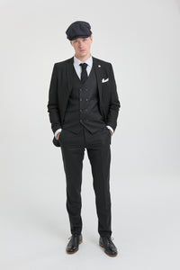 Traje de tres piezas negro a rayas para hombre