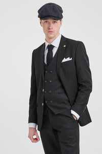 Traje de tres piezas negro a rayas para hombre