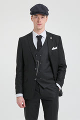 Traje de tres piezas negro a rayas para hombre