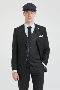Traje de tres piezas negro a rayas para hombre