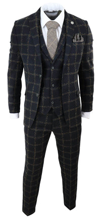 Traje de tres piezas para hombre de tweed a cuadros negro y beige