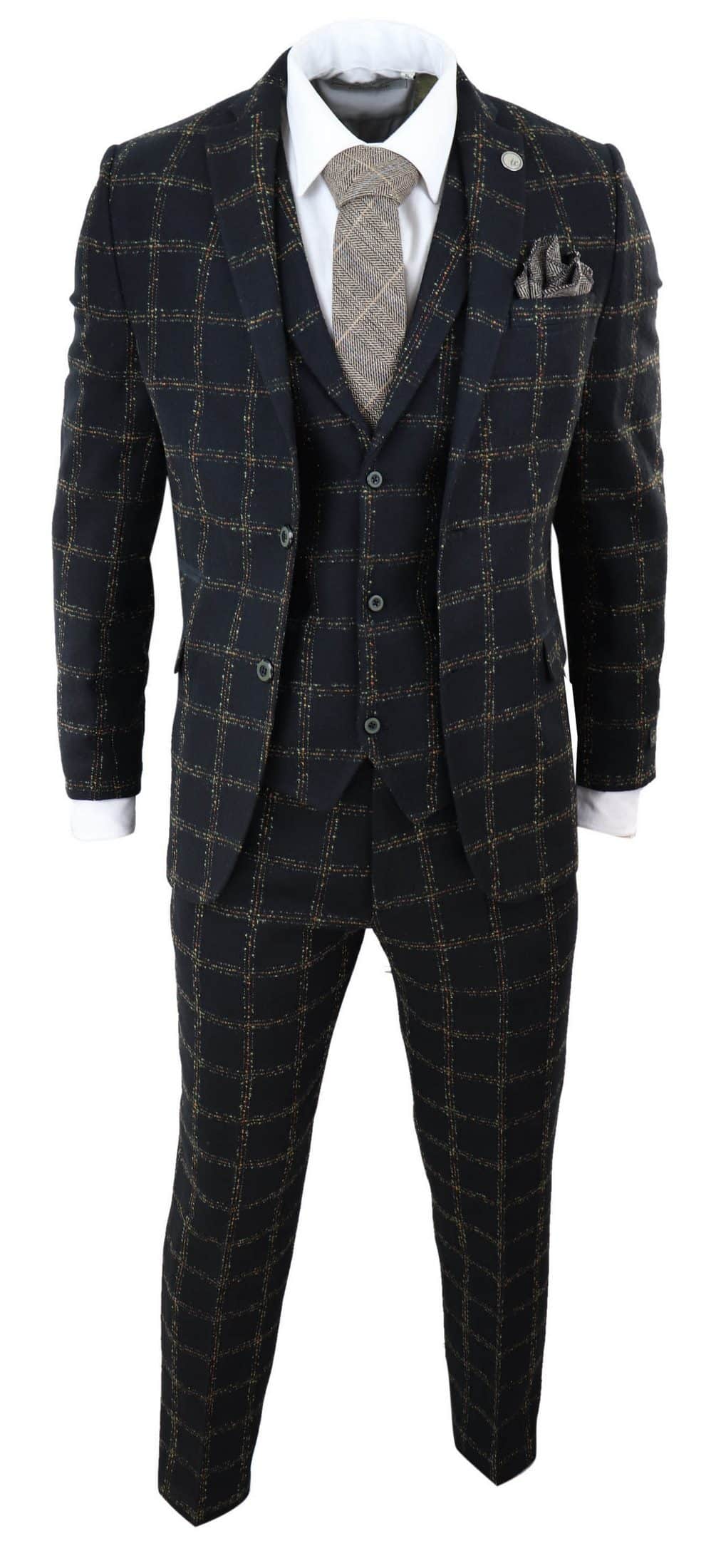 Traje de tres piezas para hombre de tweed a cuadros negro y beige