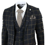Traje de tres piezas para hombre de tweed a cuadros negro y beige
