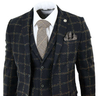 Traje de tres piezas para hombre de tweed a cuadros negro y beige