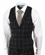 Traje de tres piezas para hombre de tweed a cuadros negro y beige