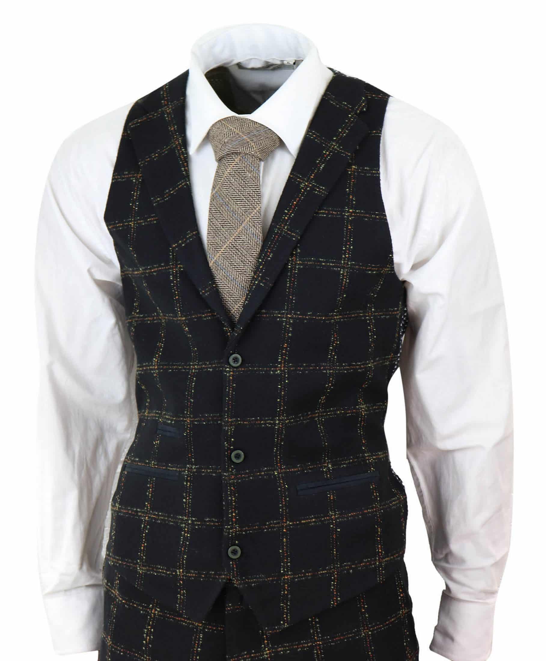 Traje de tres piezas para hombre de tweed a cuadros negro y beige