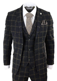 Traje de tres piezas para hombre de tweed a cuadros negro y beige