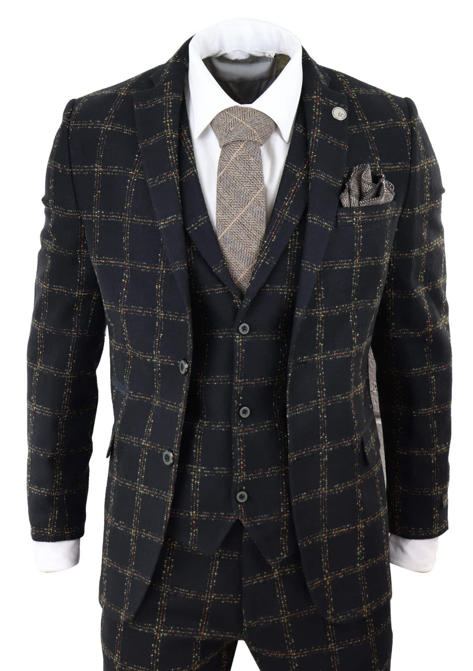 Traje de tres piezas para hombre de tweed a cuadros negro y beige