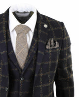 Traje de tres piezas para hombre de tweed a cuadros negro y beige