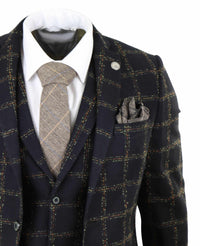 Traje de tres piezas para hombre de tweed a cuadros negro y beige