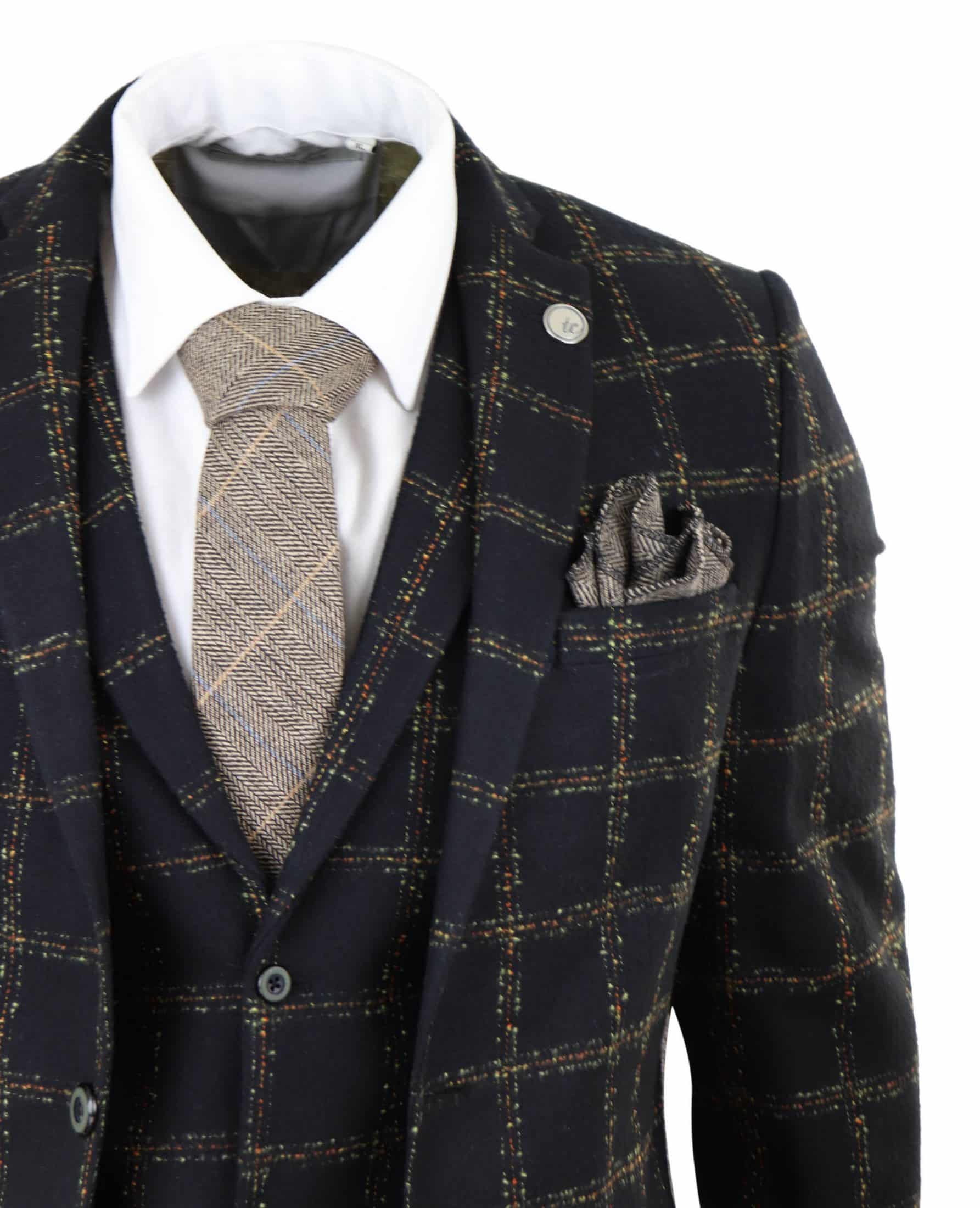 Traje de tres piezas para hombre de tweed a cuadros negro y beige