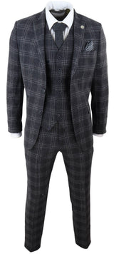 Traje de tres piezas de tweed a cuadros gris carbón para hombre