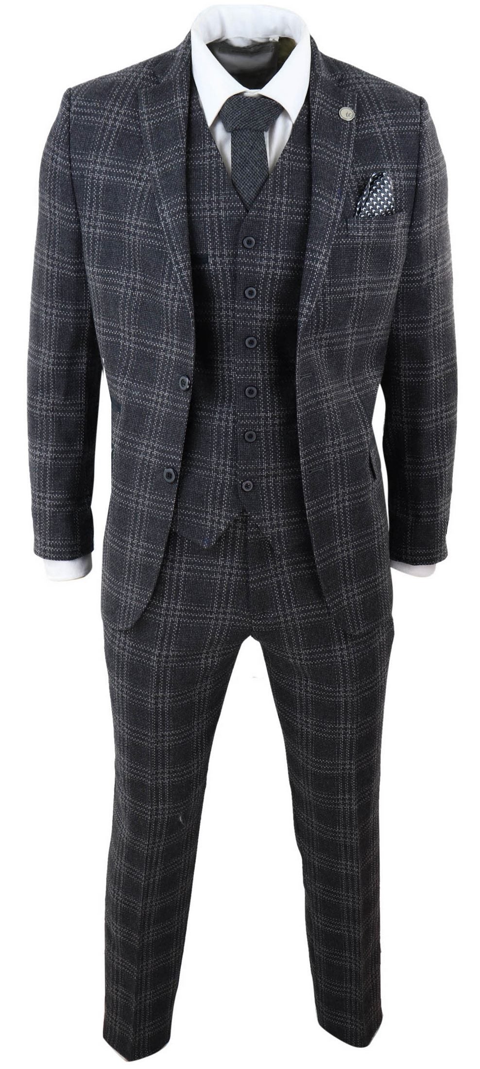 Traje de tres piezas de tweed a cuadros gris carbón para hombre