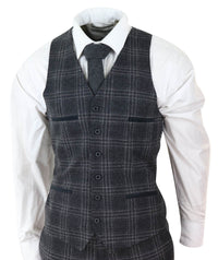 Traje de tres piezas de tweed a cuadros gris carbón para hombre