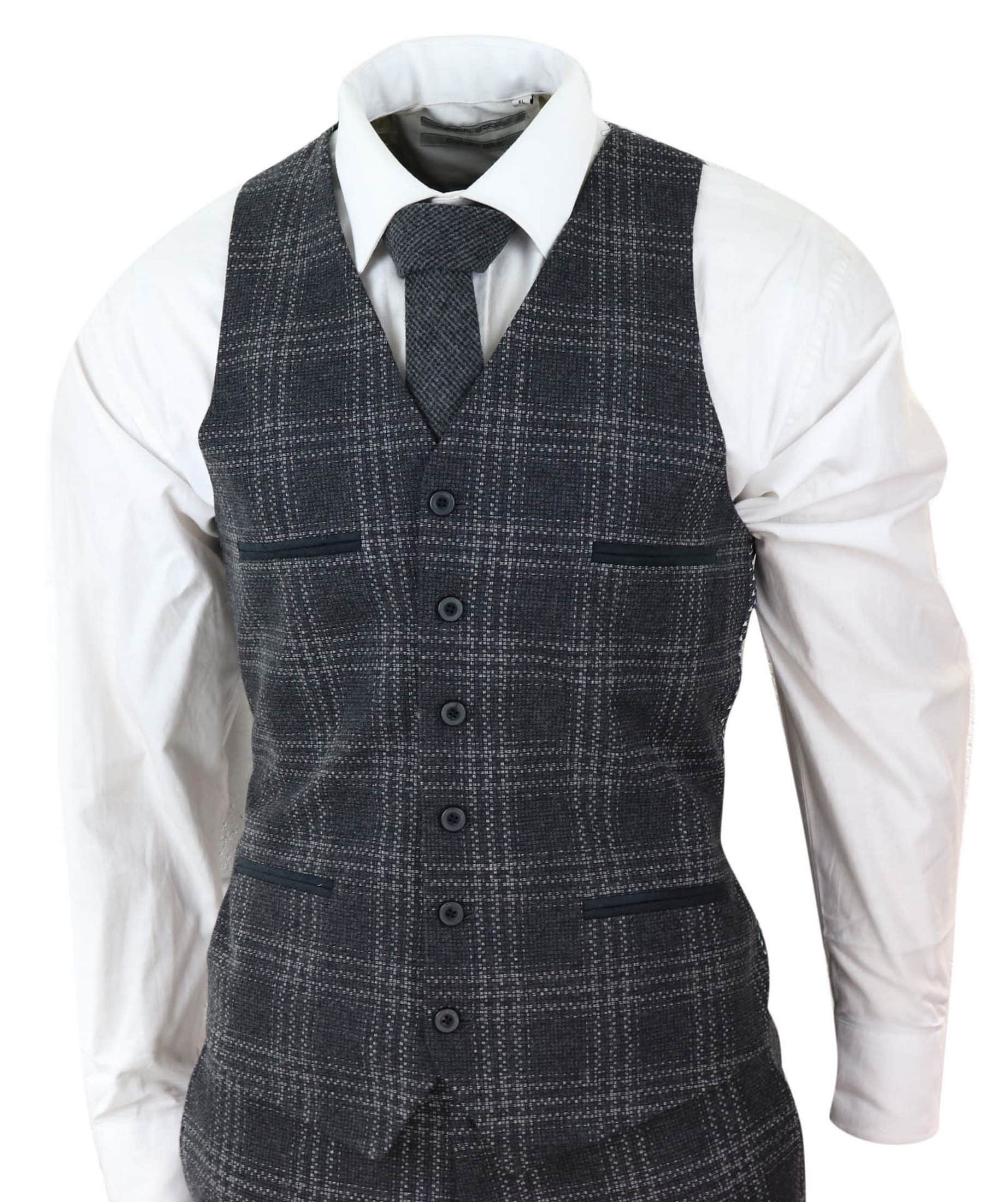 Traje de tres piezas de tweed a cuadros gris carbón para hombre