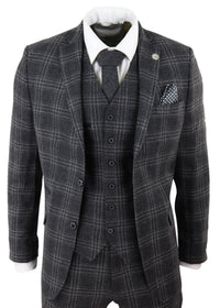Traje de tres piezas de tweed a cuadros gris carbón para hombre