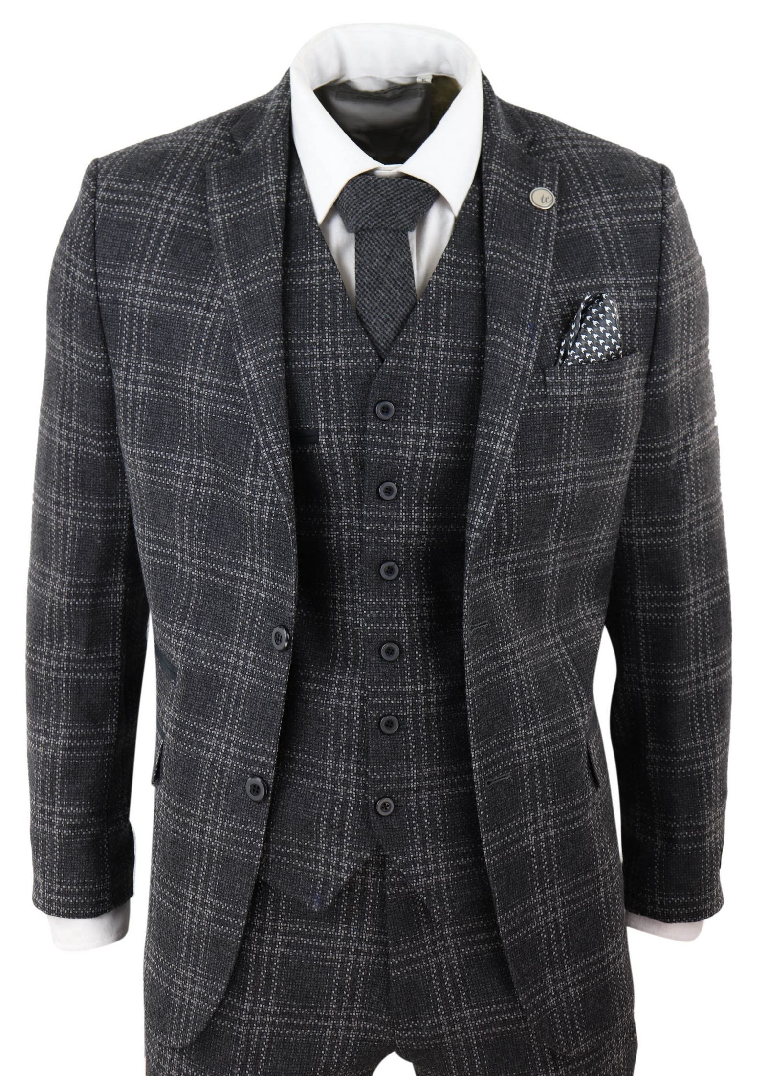 Traje de tres piezas de tweed a cuadros gris carbón para hombre
