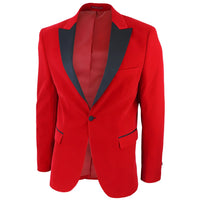 Esmoquin de terciopelo rojo para hombre con solapas de satén, ideal para cenas, bodas y graduaciones. Etiqueta negra.